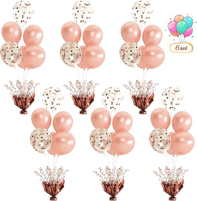 6 Set Rose Gold Christmas Table Balloons Foil Spray Table Centerpiece with Rose Gold and Confetti Balloons Stand Kit for Birthday Party Baby Shower Wedding Bridal Shower Prom Cake Table Decorations