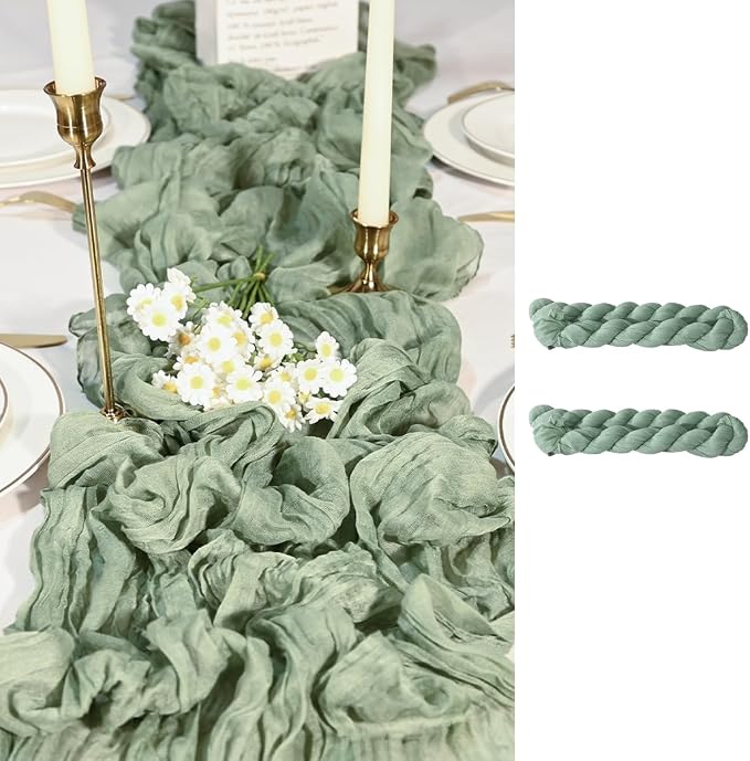 2 Pack Sage Green Cheesecloth Table Runners 35x120 Inch, Wide Boho Gauze Table Runner for Wedding Baby Shower Birthday Party Decor, Semi-Shear Rustic Tablecloth