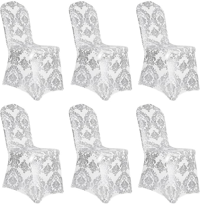 Pack of 6 Dining Chair Covers Bronzing Silver Flower Print Removable Washable Spandex Stretch Decorative Chair Slipcovers Set for Party Wedding Home Decorations - Silver+White