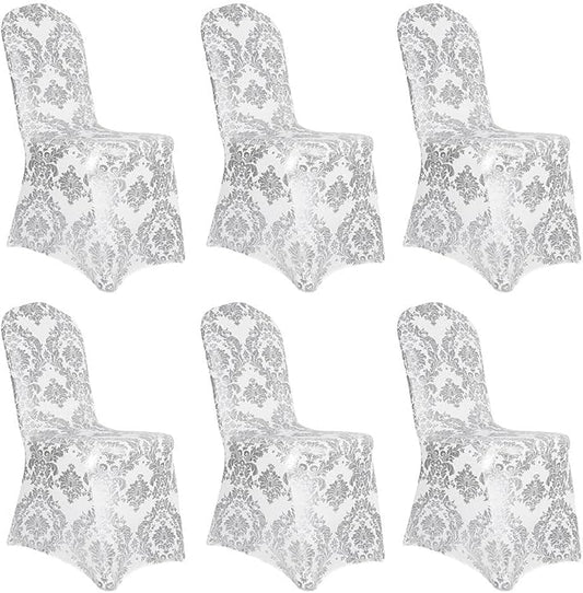 Pack of 6 Dining Chair Covers Bronzing Silver Flower Print Removable Washable Spandex Stretch Decorative Chair Slipcovers Set for Party Wedding Home Decorations - Silver+White