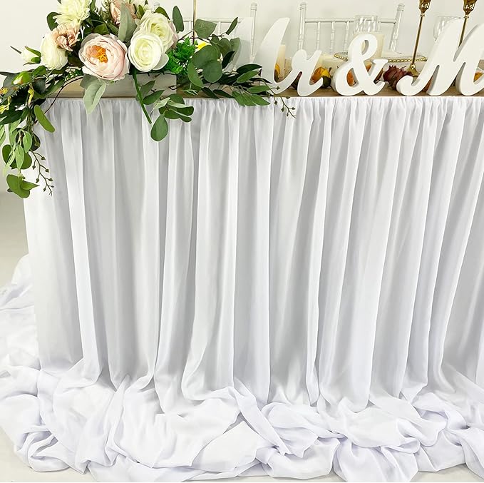 Pooling and Floating Chiffon Table Skirt with extra length, 6FT 9FT 14FT Sheer Tablecloth, Baby Shower, Birthdays Party, Main Cake Table Decoration, Wdding Table Skirt (White, 9FT)
