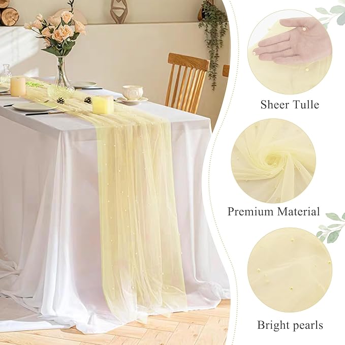 Set of 6 Pearl Table Runner 29 x 120 Inch Tulle Fabric Lace Table Runners for Bridal Shower Birthday Party Wedding Arch Dessert Table Decor(Ivory)