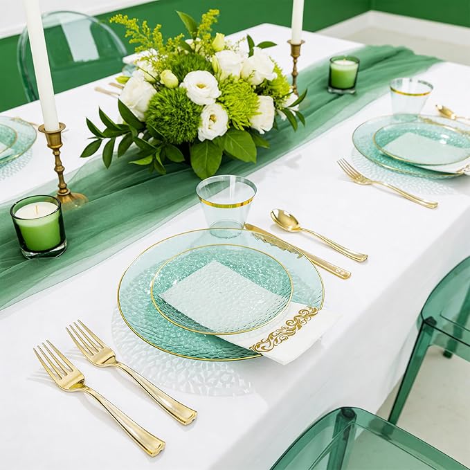 DaYammi 175 Pcs Green Plastic Plates Dinnerware Set (25 Guests), Hammered Plates Sets, Green Party Platos Set include 50 Disposable Platos, 75 Gold Plastic Silverware, 25 Cups 25 Napkins