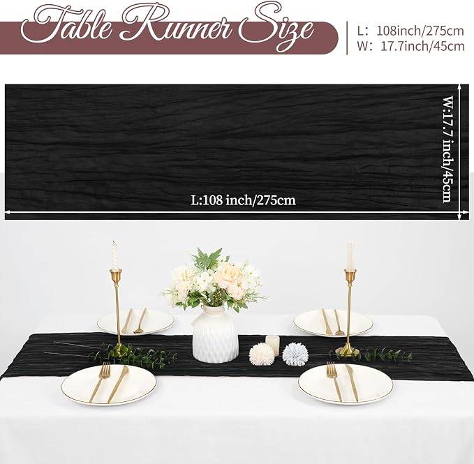 20 Pack Cheesecloth Table Runner 17 x 108 inch Long Boho Gauze Table Runners Semi Sheer Table Runner for Wedding Decor, Baby Shower, Birthday Party, Banquet (Black)