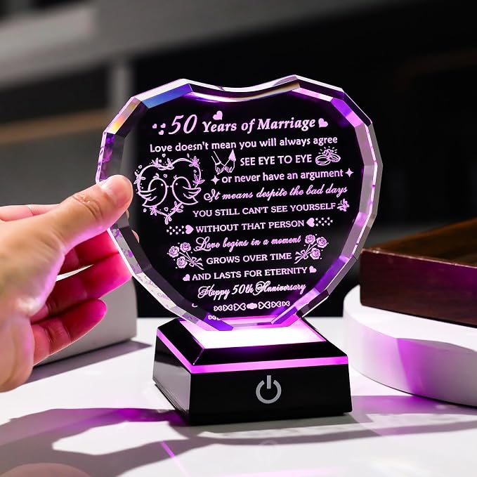 Arikyrist 50th Wedding Anniversary Crystal Gifts for Couple Parents, Laser Engraved 50 Years Anniversary Heart Keepsake Gifts for Wife Husband, Romantic 50 Year of Marriage Gift for Him Her Friends