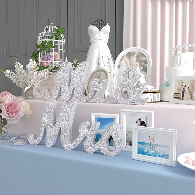VIOPVERY Mr and Mrs Sign & Just Married Banner,Mr & Mrs Signs for Wedding Table,Large Wooden Letters for Sweetheart Table,Photo Props Wedding decorations for Anniversary,Silver