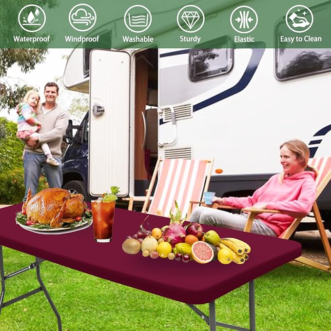 6 Pack 8 Foot Picnic Table Cover Fitted Elastic Tablecloth for Rectangle Tables Waterproof Stretch Washable Folding Indoor Outdoor Spandex Table Cloth for Parties Banquet Camping (Wine Red,30" x 96")