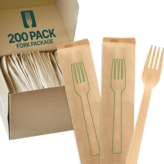 100% Bamboo Utensils - Carbonized Disposable Cutlery Biodegradable and Sanitized - Heavy Duty & Fully Functional (Fork - 200 Pieces (Individually Wrapped))