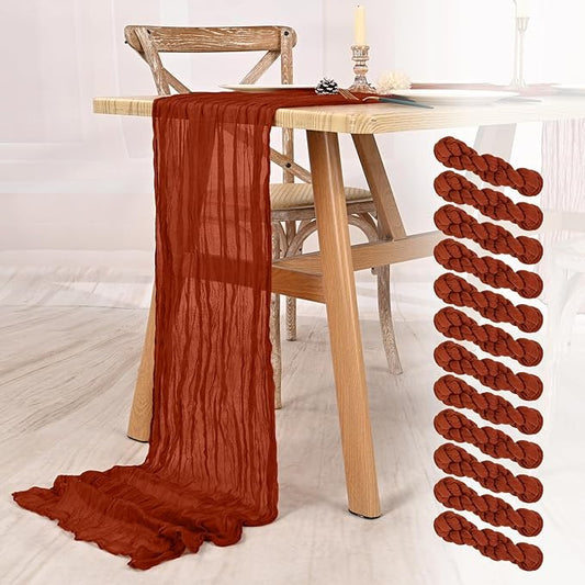 12 Pack Terracotta Cheesecloth Table Runner 10FT Boho Gauze Cheese Cloth Table Runner Rustic Sheer Fabric Table Runners for Wedding Bridal Shower Baby Shower Party(21.5×120 Inch)