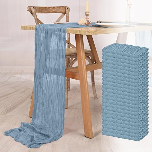 24 Pack Dusty Blue Cheesecloth Table Runner 10FT Dusty Blue Boho Gauze Cheese Cloth Table Runner Rustic Sheer Fabric Table Runners for Wedding Bridal Shower Baby Shower Party(21.5×120 Inch)