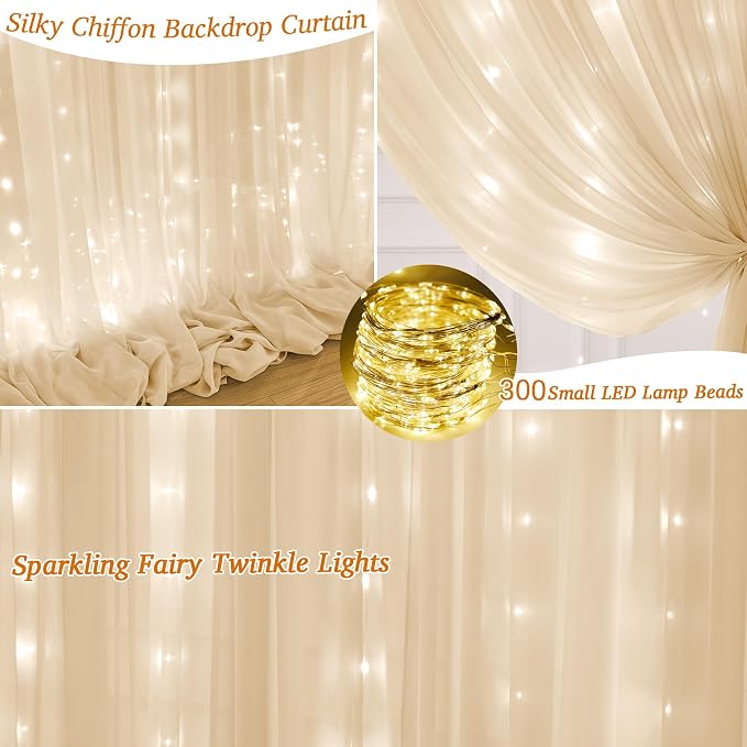 10ft x 10ft Champagne Chiffon Backdrop Curtain with Lights String for Parties,2 Panels Sheer Chiffon Curtain Wedding Backdrop with Lights for Baby Shower Birthday Ceremony Reception Home Decorations