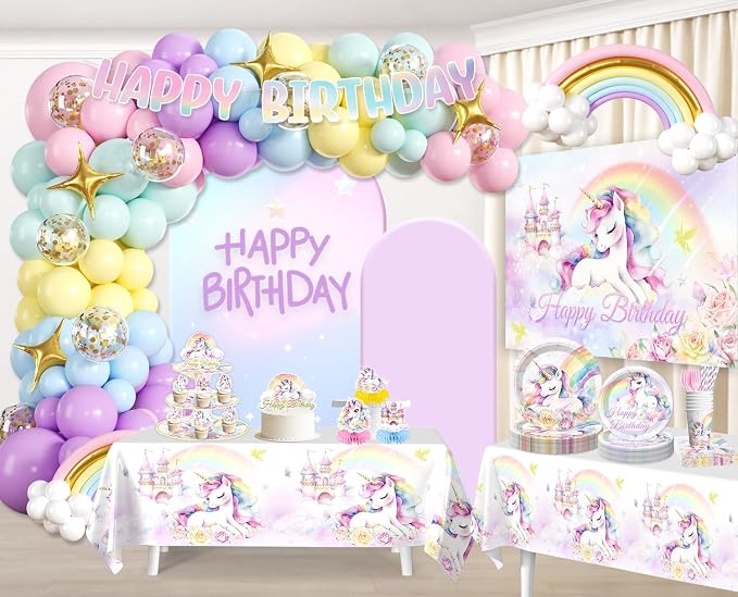 289 Pcs Unicorn Birthday Decorations, Worry-Free One-Stop Set Serves 25 Guests, with Laser Banner, Backdrop, Thick Plates and Cake Stand, Easy Setup for Unicorn Party Decorations