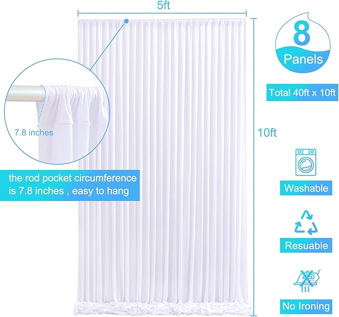 8 Panels White Backdrop Curtain for Parties Wedding Wrinkle Free 40ft x 10ft Backdrop Drapes for Baby Shower Gender Reveal Birthday Photo Photography Polyester Fabric Background Decoration