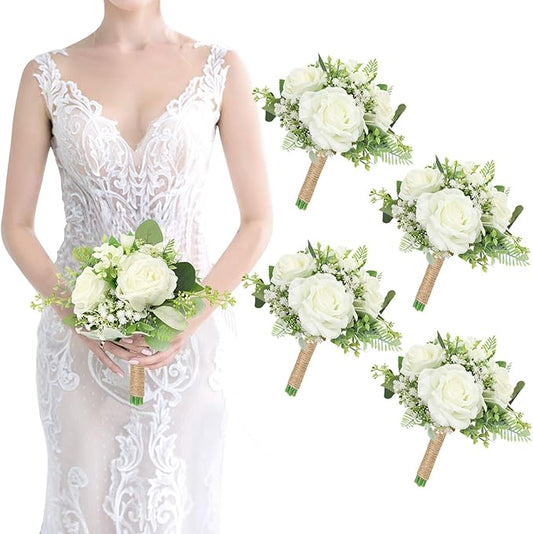 Bridesmaids Bouquets Flowers Set of 4 Artificial Bridesmaid Bouquet Wedding 7 Inch Rustic Small Floral Centerpiece for Marriage Proposal Party Anniversary Dining Table Decor - Ivory White