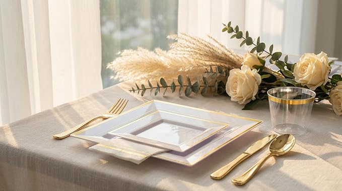 Festiva 350Pcs Gold Plastic Plates - Disposable Square Gold Plates Dinnerware set include 9.5"/6" Plates,Cups,Plastic Cutlery,Hand Napkins Perfect for 50 guests Party&Birthday&Wedding