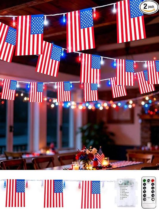 4th of July Patriotic Lights, 2PK 48FT 100LED Red White Blue String Lights with 50 American Flags, Battery Operated Waterproof 8 Modes & Remote & Timer for 250th Anniversary Independence Day Decor