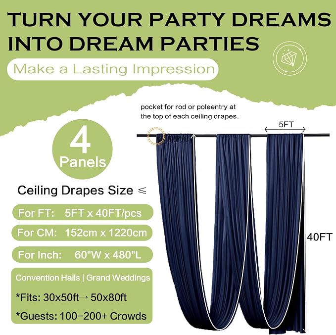20ftx40ft Navy Blue Ceiling Curtain for Wedding Parties – 4 Panels Wrinkle-Free 40 FT Long Tent Draping Curtains for Wedding, Birthday & Theme Parties, 40ft Height with Rod Pocket