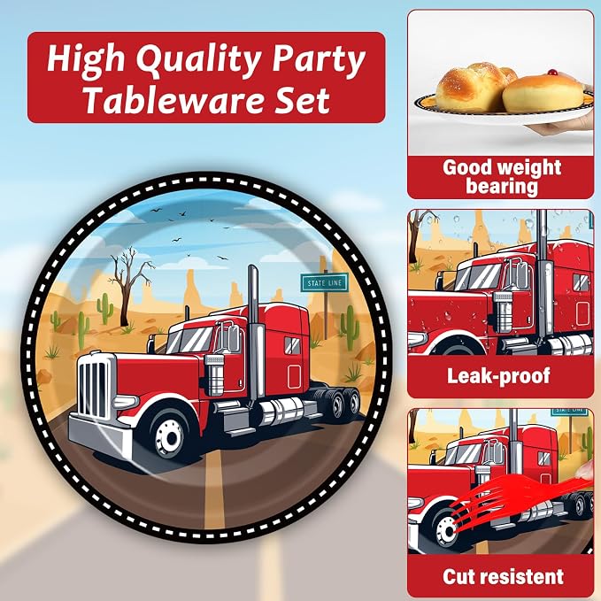 gisgfim 50 Guests Semi Truck Party Decorations Semi Truck Plates and Napkins Party Decoration For Birthday Party Plates Tableware Set Tractor Trailer Theme Party Paper Plates Napkins Forks 200 PCS