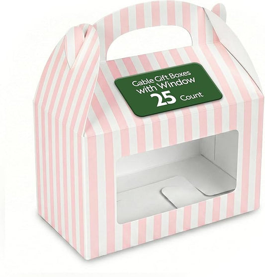 Bio Tek 6 x 3.5 x 3.5 Inch Gable Boxes For Party Favors, 25 Attractive Gift Boxes - Striped Pattern, Pink And White Paper Barn Boxes, Clear PET Window, With Built-In Handle
