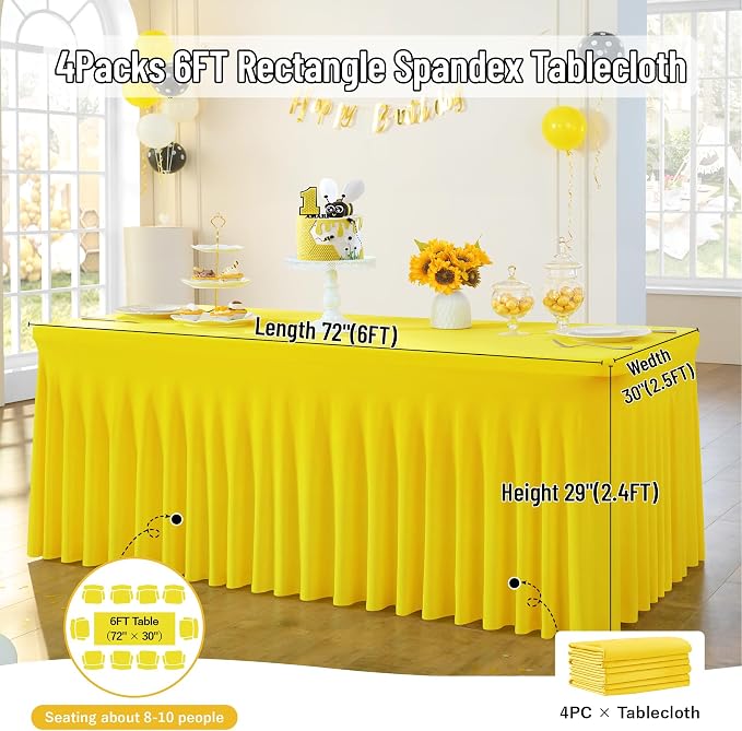 leegleri 4 Pack Yellow Spandex Table Clothes for 6 Foot Rectangle Tables, Wrinkle Free Fitted Table Cloth 6ft Stretch Tablecloths for Parties Weddings Birthday Banquet Baby Shower