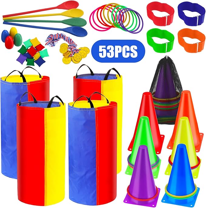 53 Pieces Outdoor Lawn Game Carnival Toss Set Potato Sack Race Bags Egg and Spoon Race Party Ring Bean Bag Tossing Cones Prizes for Adult Family Birthday Party Outdoor Game Supplies
