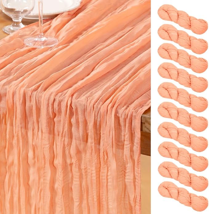 DeZerlor Peach Cheesecloth Table Runner 10 Pack Spring Easter Table Runners Boho Gauze 120 Inches Cheese Cloth Table Decor for Wedding Bridal Baby Shower Parties