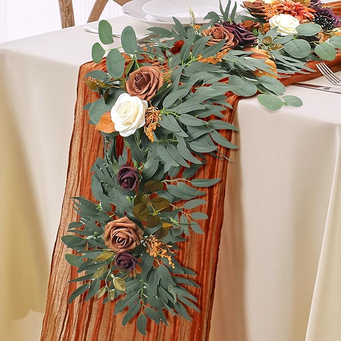 6Ft Burnt Orange Flower Garland, Fall Artificial Eucalyptus Garland with Flowers for Backdrop, Table Centerpiece, Fireplace, Rustic Wedding Arch Flowers, Bridal Shower Party Decor