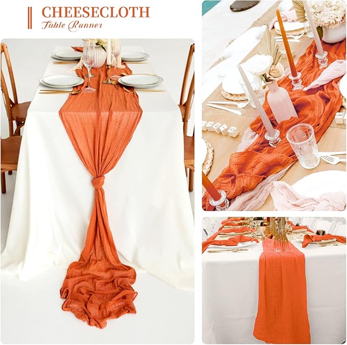 6 Pack Fall Halloween Table Runner 10FT Orange Cheesecloth Table Runner 35 x 120 Inch Long Semi-Sheer Gauze Fabric Boho or Rustic Wedding Table Decor for Bridal Shower Baby Shower Holiday Party