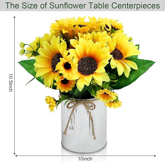 Artificial Sunflower Table Centerpieces - Set of 6 Faux Spring Summer Sunflowers Arrangements with Rustic Metal Vase for Kitchen Office Bathroom Home Farmhouse Wedding Party Decorations