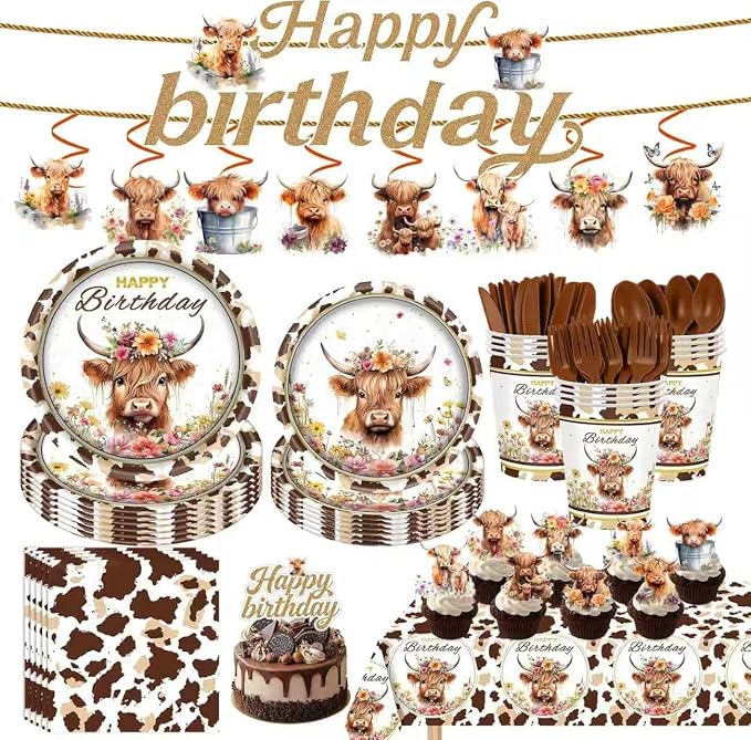 159pcs Brown Cow Birthday Decorations Include Tableware Set, Banner, Hanging, Tablecloth, Cupcake Topper, Centerpiece, for Western Farm Animals Kids Birthday Baby Shower, Serves 20