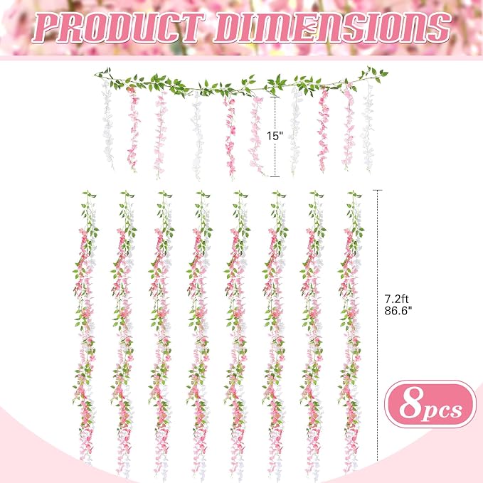 Thiccywoov 8pcs Wisteria Artificial Flowers Garland, 7.2Ft/Piece Wisteria Hanging Flowers Garland for Wedding Arch Decoration Outdoor Ceremony Home Backdrop Garden (Pink,Dark Pink,White)