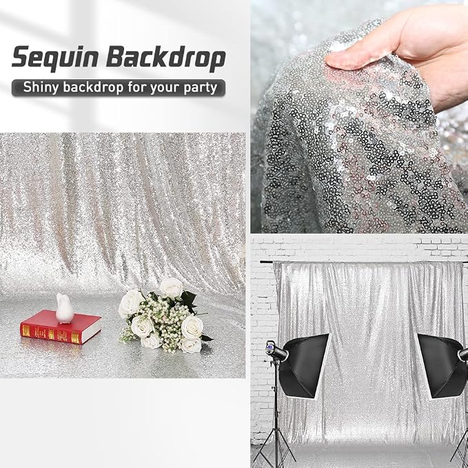 Eternal Beauty Sequin Backdrop Curtains, 2x8 Ft-2 Panels Silver Back Drop for Shimmer Photography Party Wedding Birthday Decor