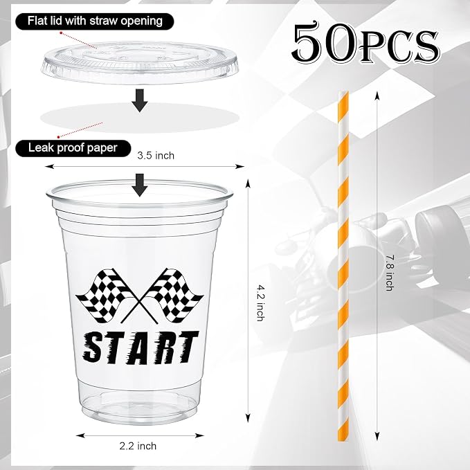 FoldTier 50 Pcs Checkered Racing Party Plastic Cups 12 oz White Black Checkered Flag Clear Cups with Straws and Lids Disposable Drink Cup for Race Car Sport Theme Birthday Party Supplies Baby Shower