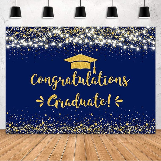 MEHOFOND 8x6ft Congratulation Graduate Backdrop Class of 2026 Graduation Party Decorations Background Blue Gold Congrats Grad Decor Banner Photography Background Studio Photo Booth Props