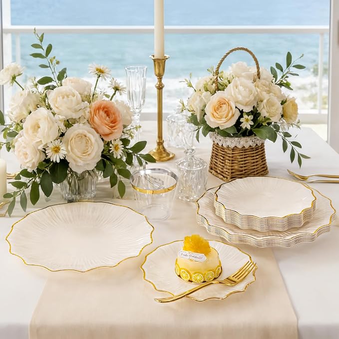 I00000 350 PCS Ivory and Gold Plastic Plates for 50 Guests, Premium Scalloped Disposable Dinnerware Set Include: 100 Disposable Plate, 50 Napkins, 50 Cups, 50 Silverware Set for Party & Wedding