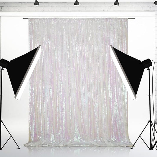 Eternal Beauty White Iridescent Sequin Backdrop, 8x10 Ft Glitter Background Curtains for Shimmer Photography Party Wedding Birthday Back Drop Decor
