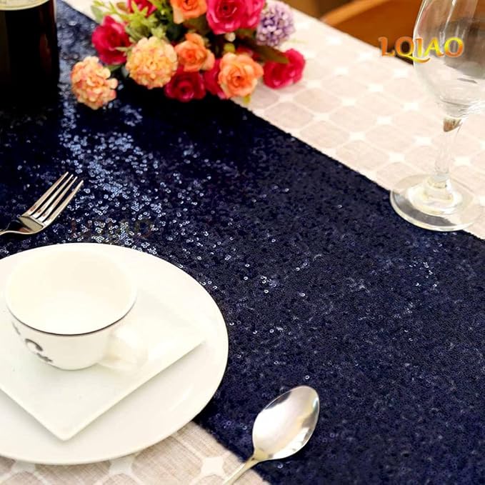 JYFLZQ Navy Blue Sequin Table Runners 12" x 108" Pack of 2 Sparkly Black Metallic Table Runner Glitter Sequin Runner for Table Birthday Party Event Decorations