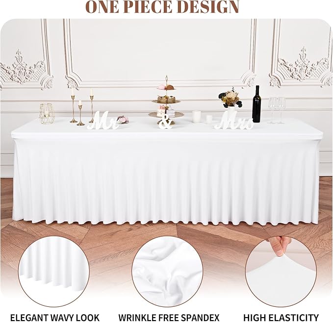 6 Packs White Stretch Table Skirts for 8 Foot Rectangle Table, Washable Spandex Stretch Tablecloths with Skirt, Wrinkle Resistant Fitted Tablecover for Wedding Party Banquet