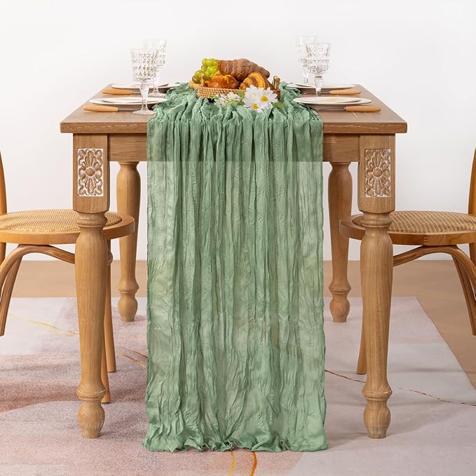 MLMC 6 Pack Sage Green Table Runner 10ft Rustic Boho Cheesecloth Table Runner Summer Cheese Cloth Centerpiece Decor 65x120 Inches for Wedding Bridal Baby Shower Decor