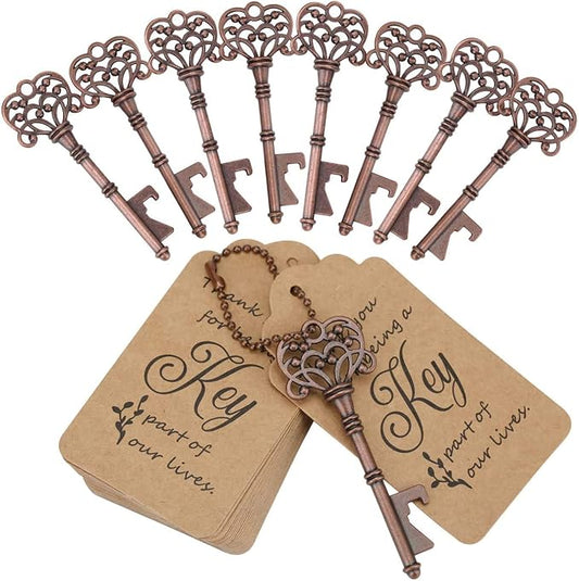 100 PCS Wedding Favors/ Party Favors Key Bottle Opener,Vintage Skeleton Key Bottle Openers with Escort Tag Cards and Key Chains(Red Copper)