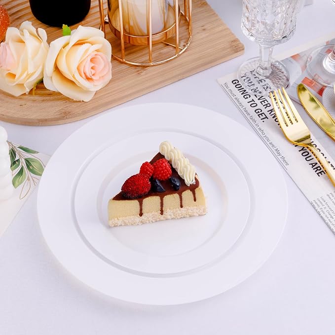 Bestluck 100PCS White Plastic Plates, White Disposable Plates for 50 Guests, 50 Dinner Plates 10.25 inch and 50 Dessert/Salad Plates 7.5 inch for Party, Graduation, Wedding