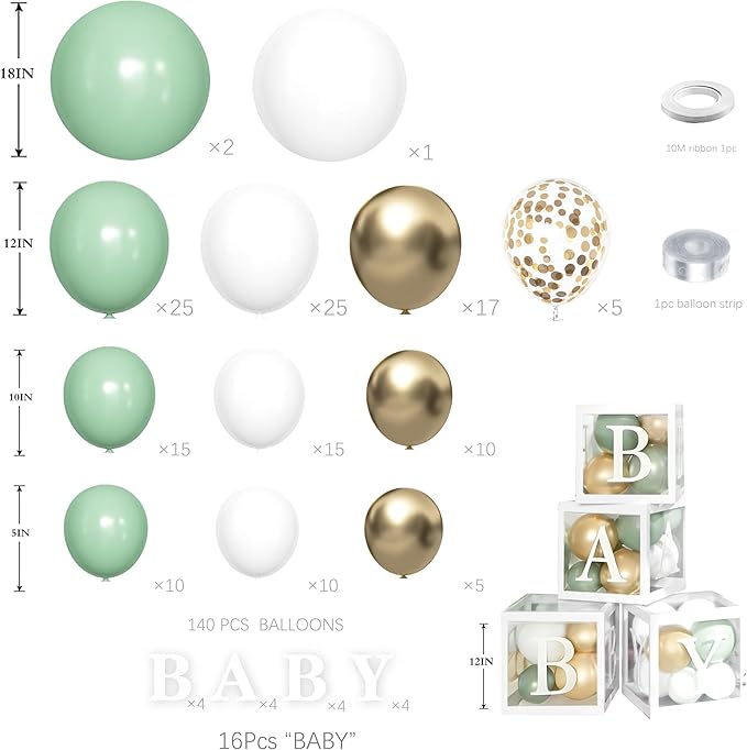 148Pcs Sage Green Baby Shower Decorations - Gender Neutral Party Supplies - Olive Green Gold White Balloon Garland Arch Kit with 4 Baby Boxes for Boy Girl Jungle Safari Backdrop
