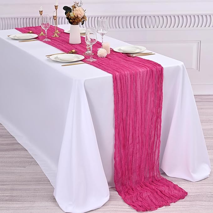 6 Pcs Hot Pink Cheesecloth Table Runner 10FT, Gauze Table Runner for Wedding Reception Sheer Bridal Shower Birthday Party Boho Table Decoration, Rustic Romantic Wedding Runner