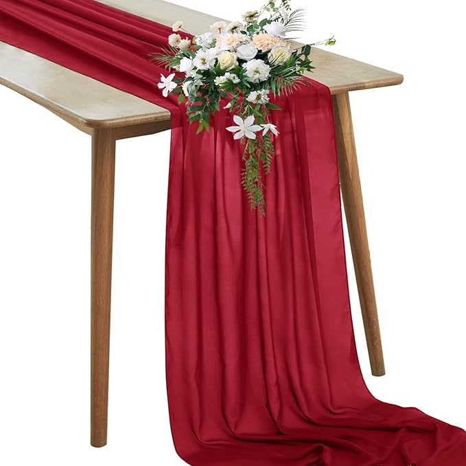 Horbaunal Burgundy Chiffon Table Runners 10FT Sheer Chiffon Runner 29x120 Inches Romantic Boho Rustic Table Runner for Wedding Party Bridal Baby Shower Table Decorations