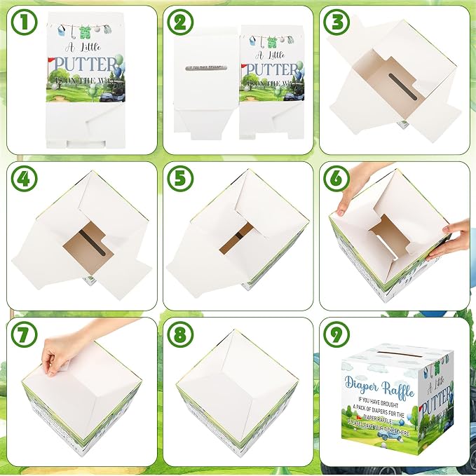 Teling 51 Pieces Diaper Raffle Tickets Box with Card Baby Shower Decorations Gender Reveal Holder Box for Girl Boy Diaper Raffle Party (Golf Style)