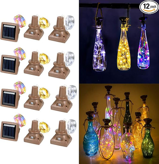 Solar Wine Bottle Lights 12 Pack 20LED Outdoor Waterproof Multicolor Fairy Light String (3 Colors), Suitable for Most Wine Bottle Mouths, for Garden, Terrace, Party Decoration