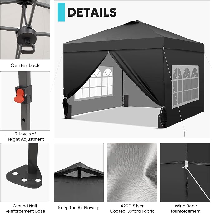 GDY 10x10 Pop Up Canopy Tent with 4 Sidewalls, Easy Set up with One Push Lift Outdoor Silver Coated Beach Gazebos, Carpas with 4 Sandbags, for Events, Parties,Camping, Black.