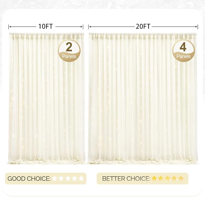 10x8ft Ivory Tulle Backdrop Curtain with Lights String for Parites, Sheer Photo Backdrop Curtains with Lights for Wedding Backdrop Ceremony Reception Bridal Shower Baby Shower Birthday Party