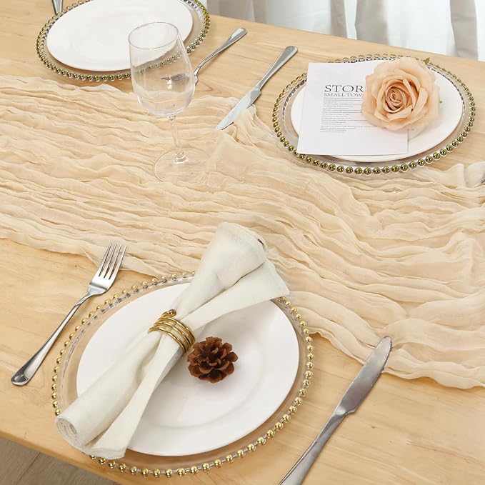 12 Pack Ivory Cream Cheesecloth Table Runner 120 Inch 10FT Cheese Cloth Runners for Wedding Decoration, Banquet, Boho Decor