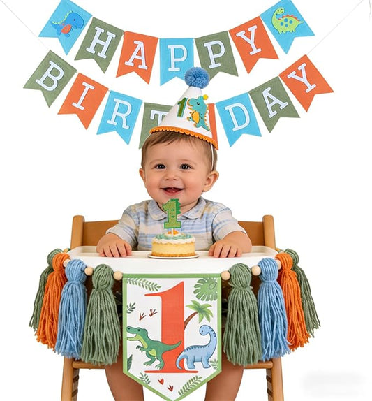 Dinosaur 1st Birthday Decorations For Boys -Dinosaur High Chair Banner 1st Birthday Boy Dinosaur Birthday Banner，Dinosaur Cake Topper & Dinosaur's Party Hats，Dinosaurs First Birthday Party Supplies